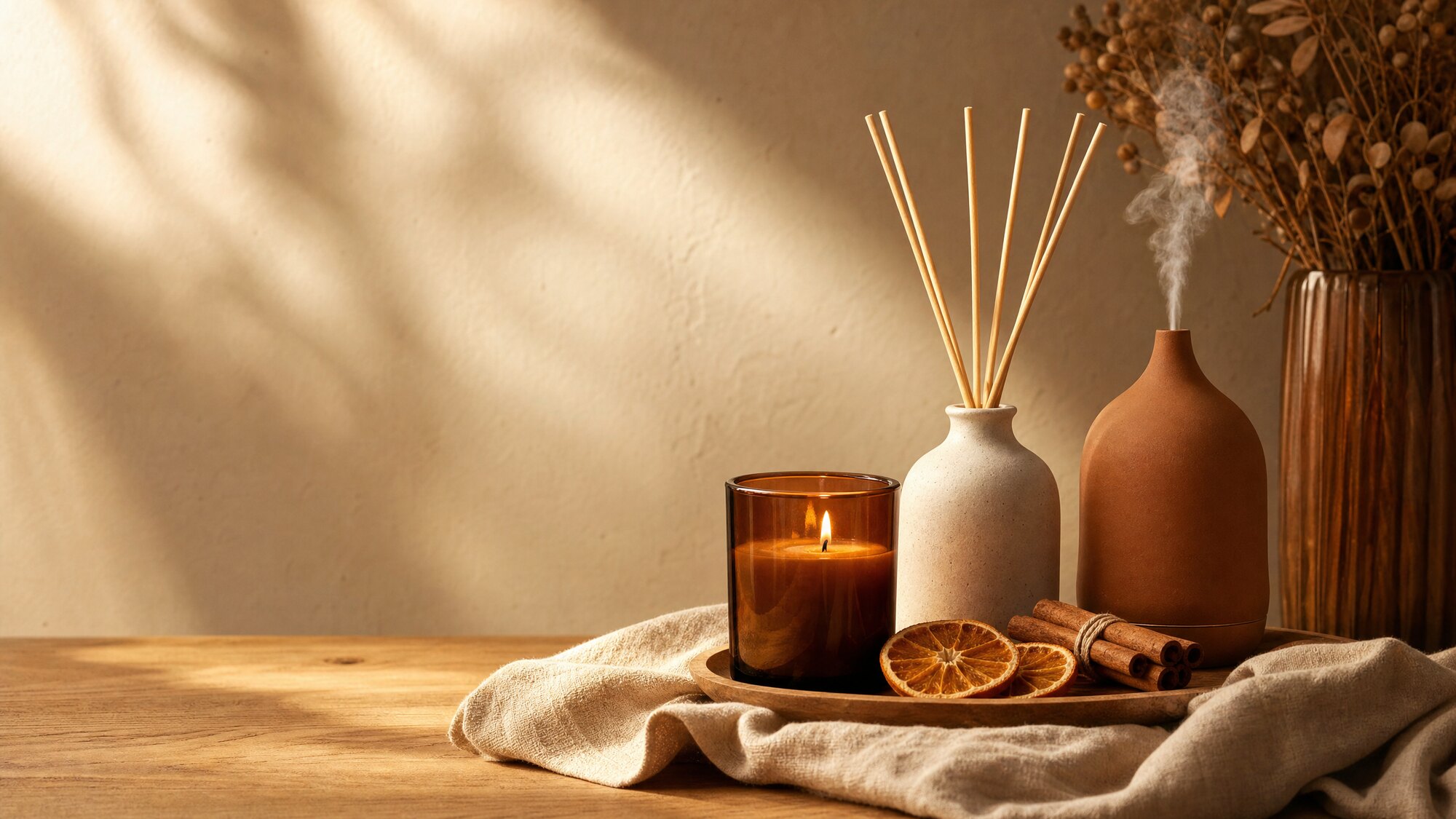 Warm home fragrance arrangement with a lit amber candle, reed diffuser, and dried orange slices in golden light