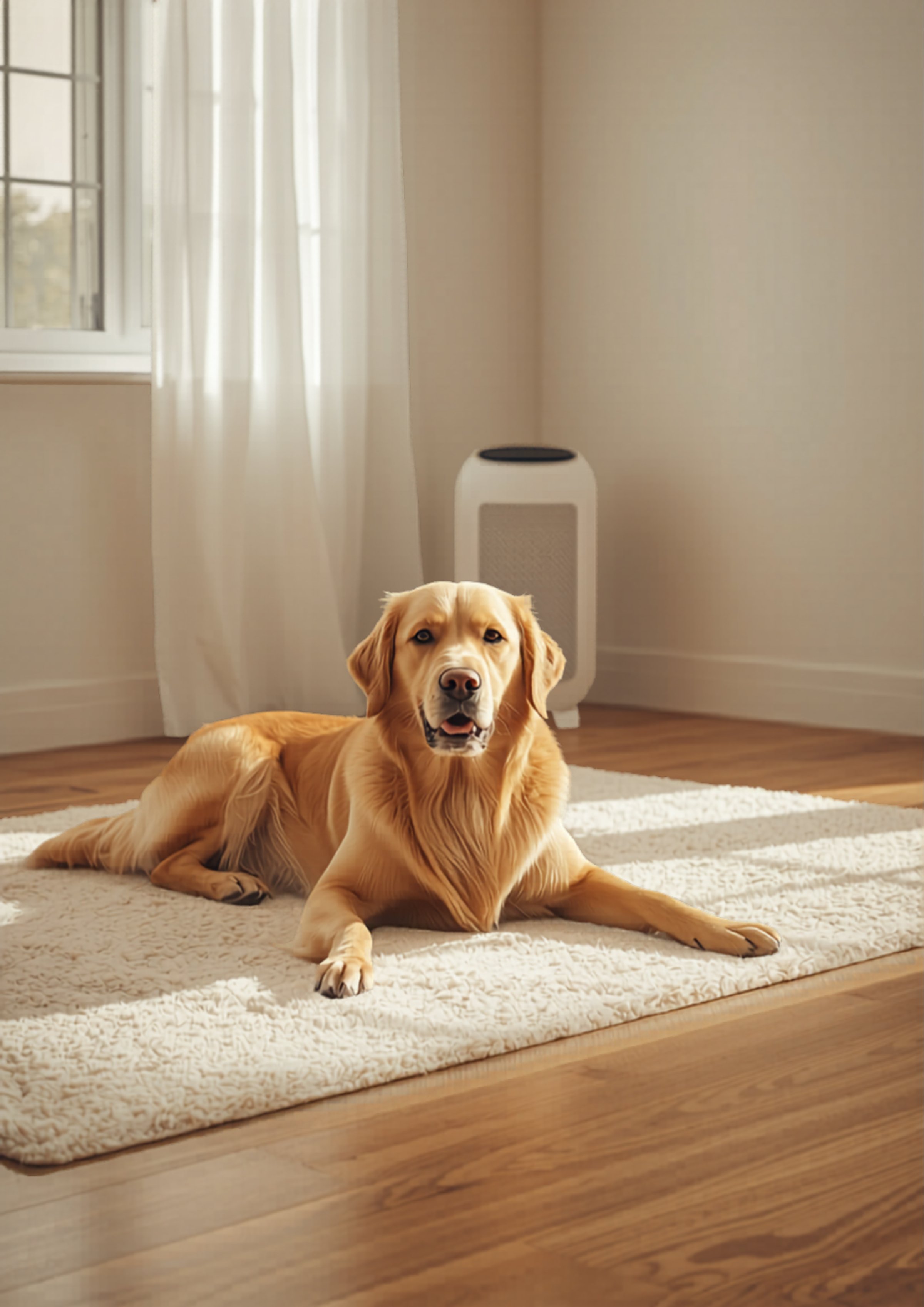 Cozy living room with golden retriever